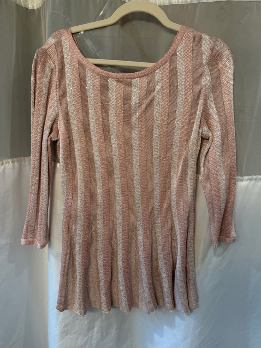 St. John Pink and Silver Striped Knit Cowl Sweater